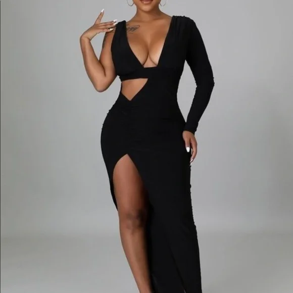 NEW TRENDY BLACK ONE SHOULDER FITTED MAXI DRESS - Picture 7 of 9